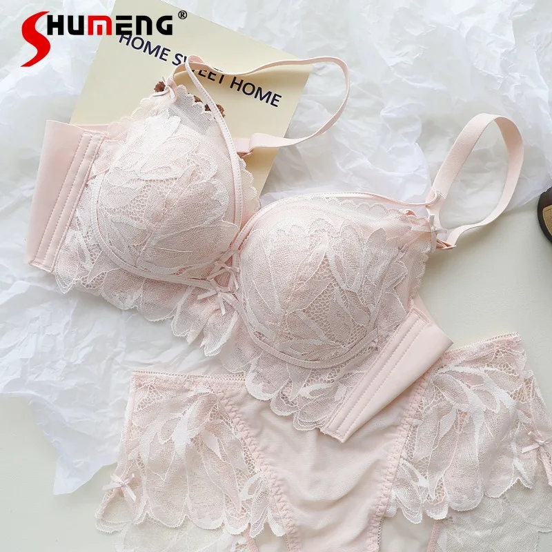 

French Style Back Garden Full Lace Underwear Girls Thin Cup Sexy Small Chest Bra Set Women Push Up Wireless Brief Suits