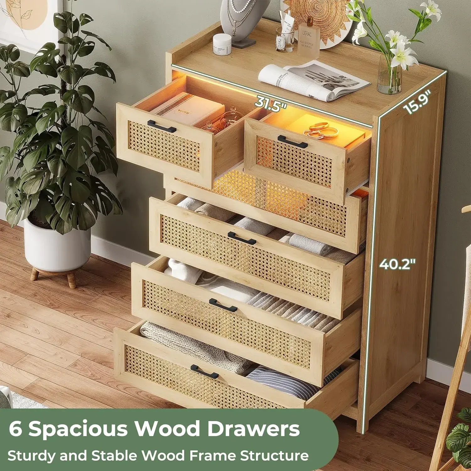 Natural Rattan Wood Dressers with Led Light, Tall Dressers & Chests of Drawers, Bedroom Closet Dresser for Bedroom, Entryway