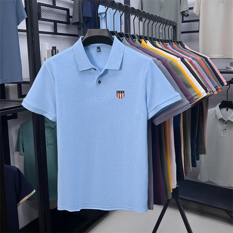 Men's Summer Luxury 100% Cotton Polo Shirt, Lapel Print Short Sleeve T-shirt, Breathable Business Casual Menswear