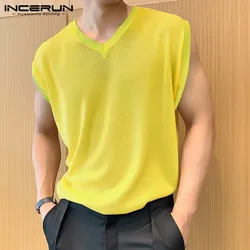 INCERUN Men's Tank Tops Mesh Transparent V Neck Sleeveless Male Vests Streetwear Summer Breathable 2024 Solid Men Clothing S-5XL