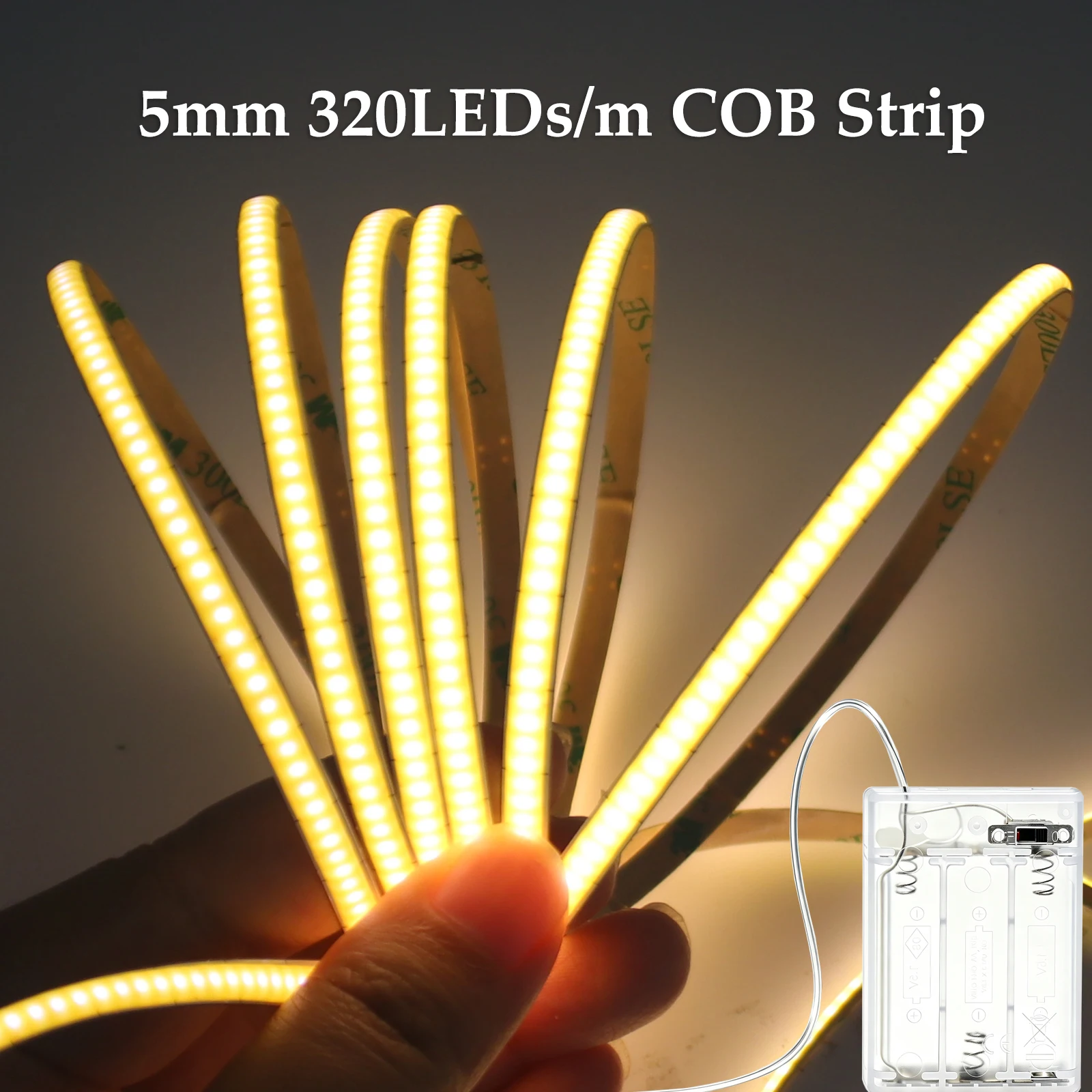 5V COB LED Strip 5mm PCB 320LEDs/m Flexible Light Tape With 3AA Battery Box Red/Green/Pink/Ice Blue For Home Decor TV Backlight