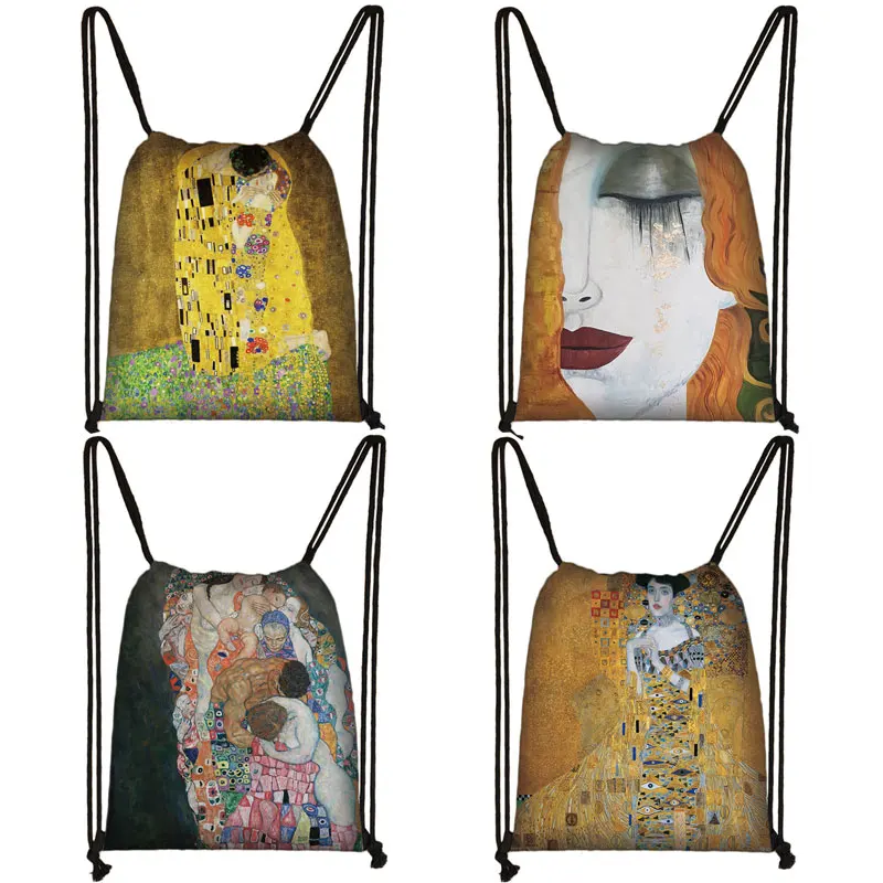 Oil Painting Tear / Kiss By Gustav Klimt Backpack Women Men Travel Bags Canvas Storage Bag Mini Backpack Teenager Bookbag