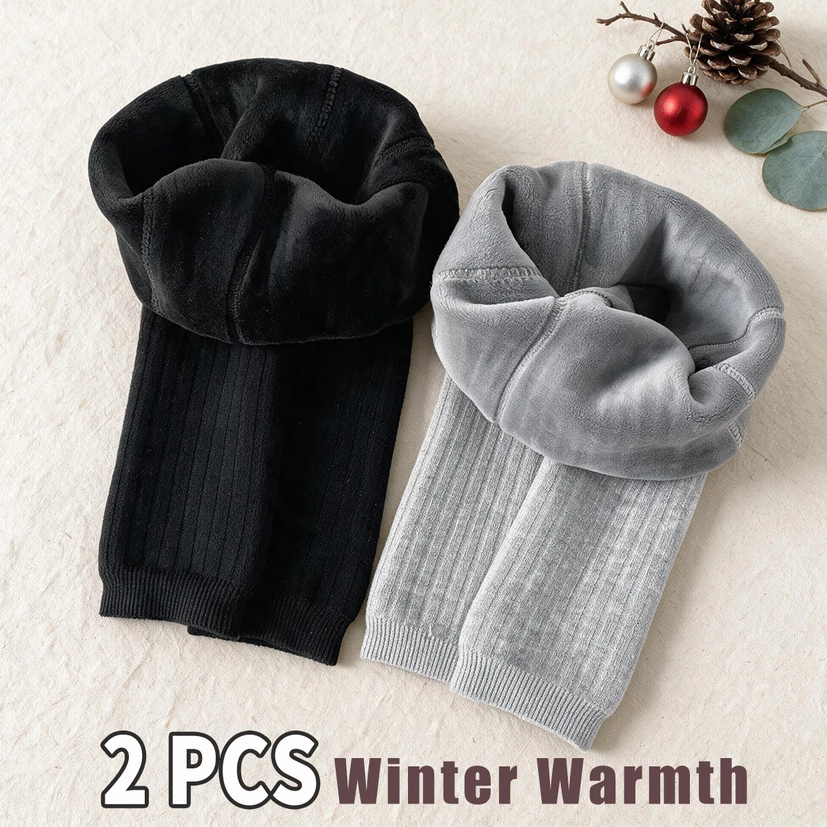 2 PCS Girls Thick Fleece Integrated Leggings, Simple Solid Color Ribbed Warm Pants for Toddler
