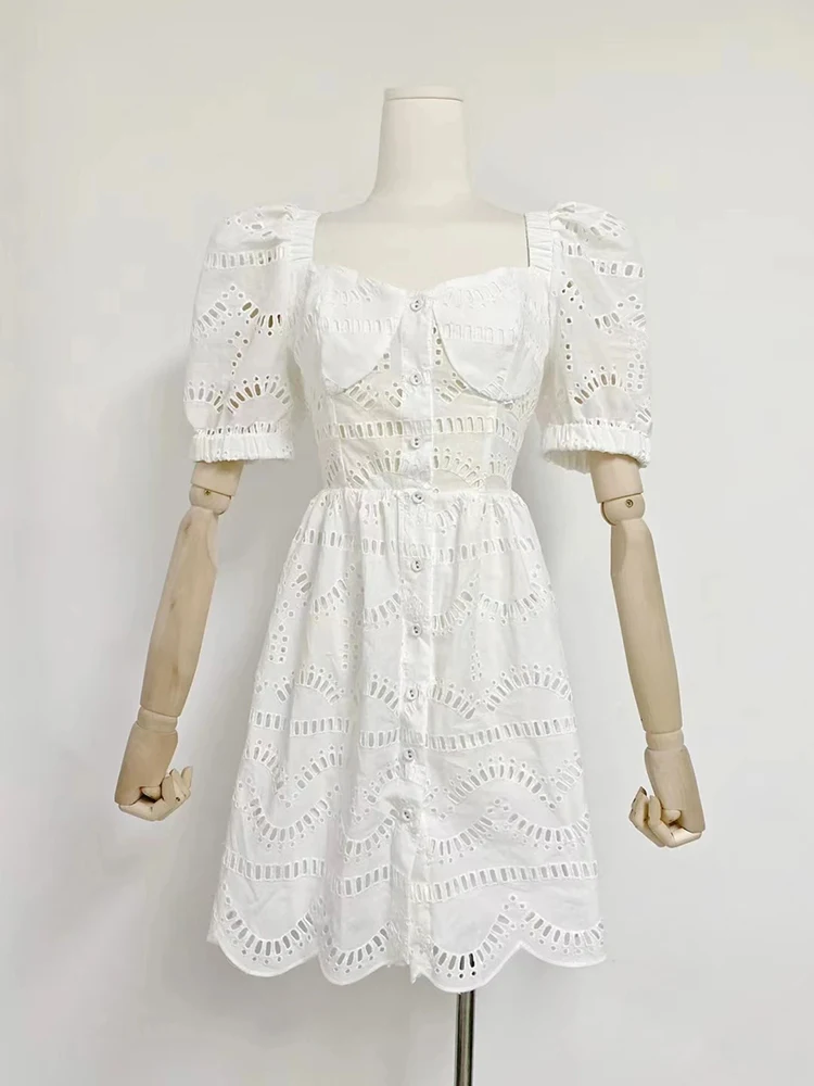 VGH Elegant Hollow Out Slim Short Dresses For Women Square Collar Puff Sleeve High Waist Spliced Button Temperament Dress Female