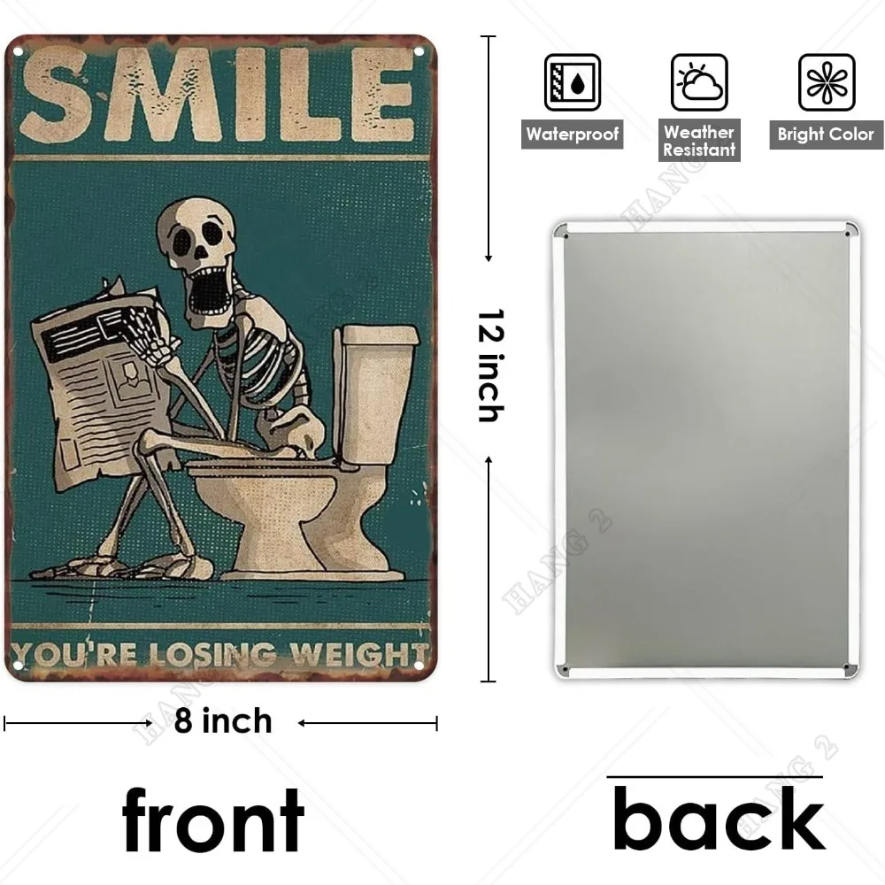 Smile You Are Losing Weight Metal Tin Sign Funny Skeleton Skull Reading Newspapers Poster for Toilet Bathroom Wall Decor