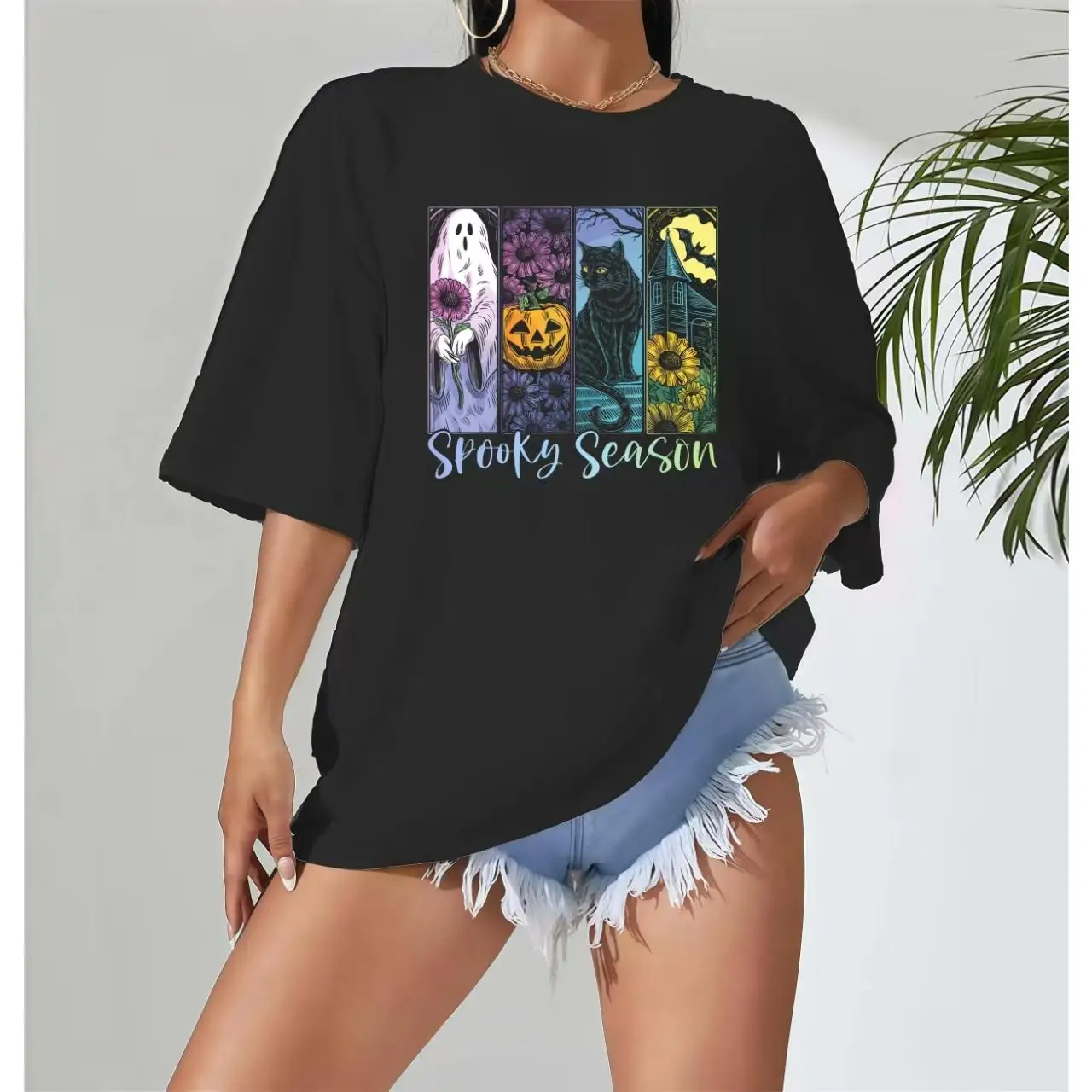 

"Spooky Season Halloween Graphic Tee | Ghost Pumpkin Bat Sunflower Print T-Shirt | Oversized Casual Fall Top"