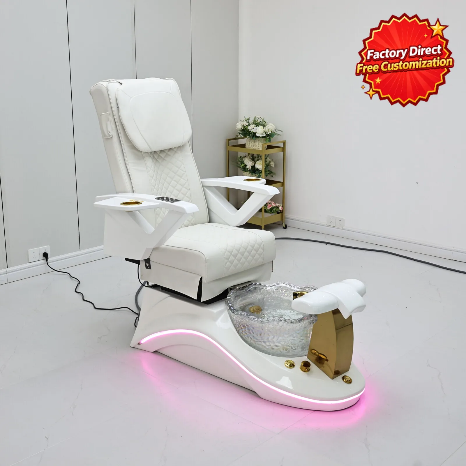 White Pedicure Chair Glass Foot Bath Basin Gold Cup Holder Leather Nail Salon Manicure Spa Chair Ambient Light Reclining