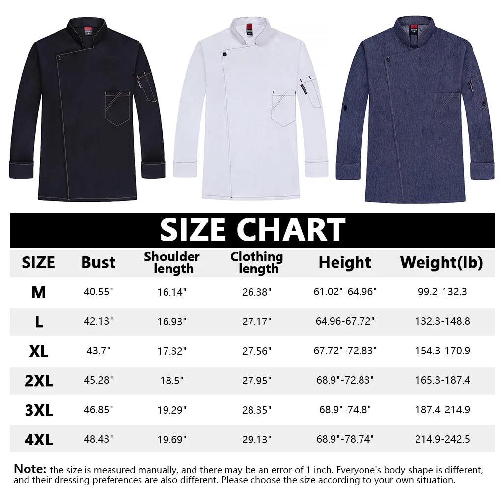 Chef Uniform Polyester Warm Chef Coat with Front Pockets Oblique Collar Suits for Men Catering for Coffee Bar Black 3XL