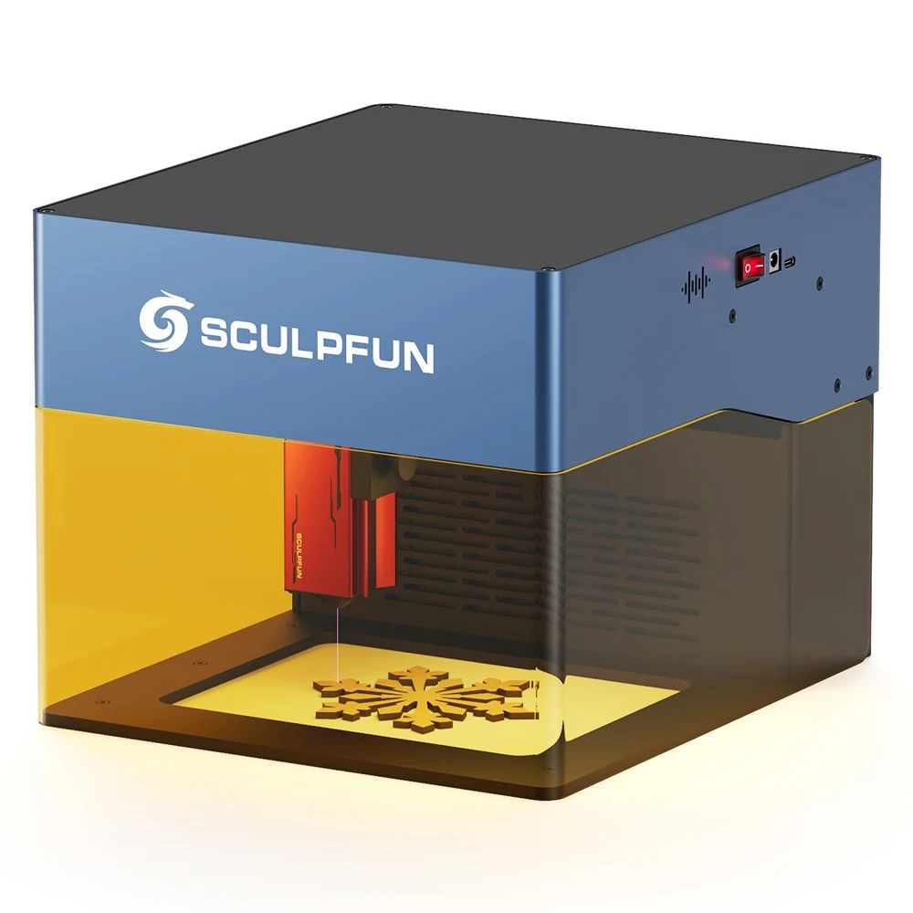 SCULPFUN iCube Pro 5W lasergraveermachine, 0,06 mm laserpunt, graveersnelheid 10000 mm/min, verwisselbare lens, rookfilter, 32-bit