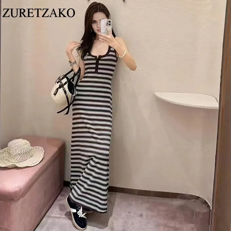 

Трикотажное платье, эластичное длинное платье без рукавов, весна/лето 202, облегающее платье в контрастную полоску