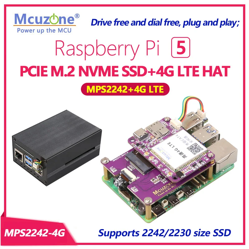 MPS2242-4G LTE Raspberry Pi 5 PCIE M.2 NVME SSD+4G LTE HAT, Driver Free for RPI OS and Ubuntu, Openwrt