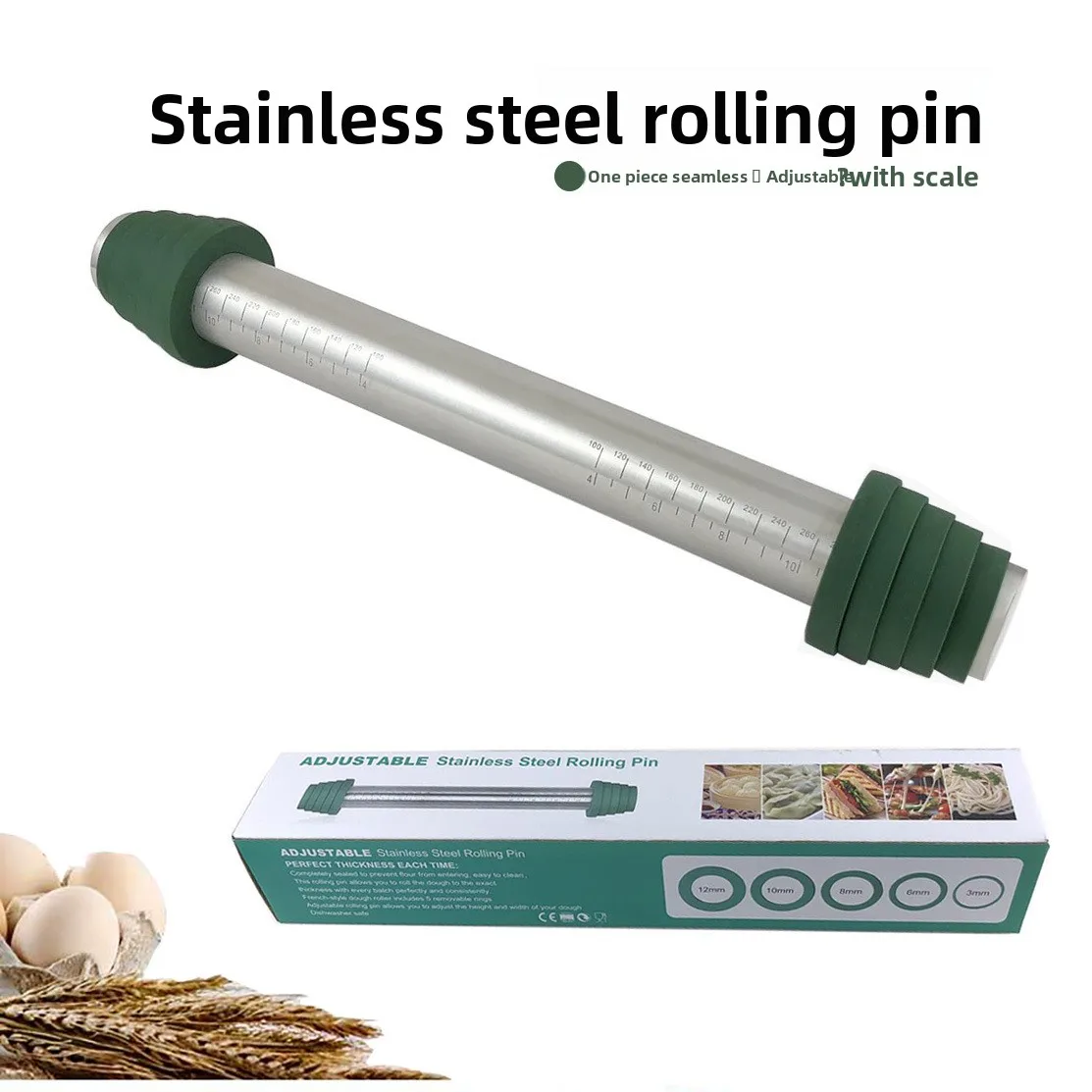 Stainless Steel Seamless Adjustable Rolling Pin with Silicone Ring & Pastry Mat Set