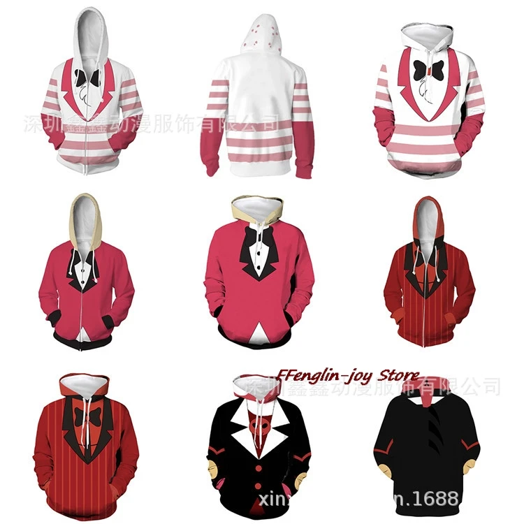 Anime Hazbin Cosplay Hotel Costume Alastor Angel Dust Lucifero Cosplay Anime Doujin Felpa con cappuccio Giacca Cappotto Uomo Donna Top