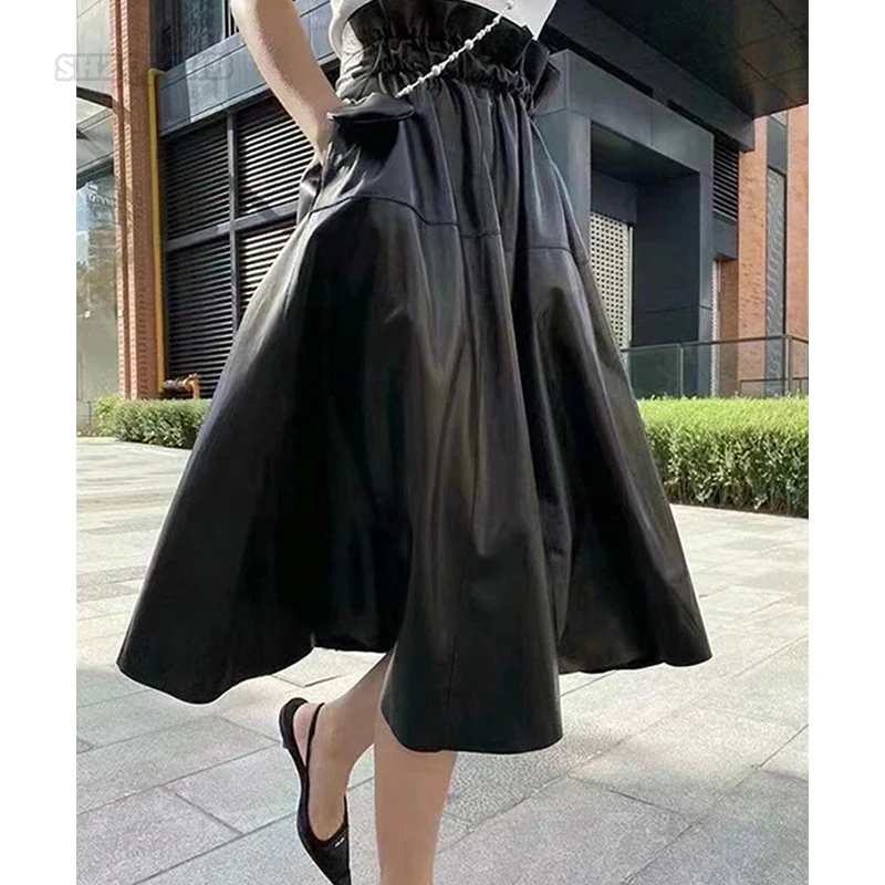 

Women's Skirt New Leather Sheepskin High Waist Elastic Waist Long Back Shorts A Umbrella Skirt Long Skirt