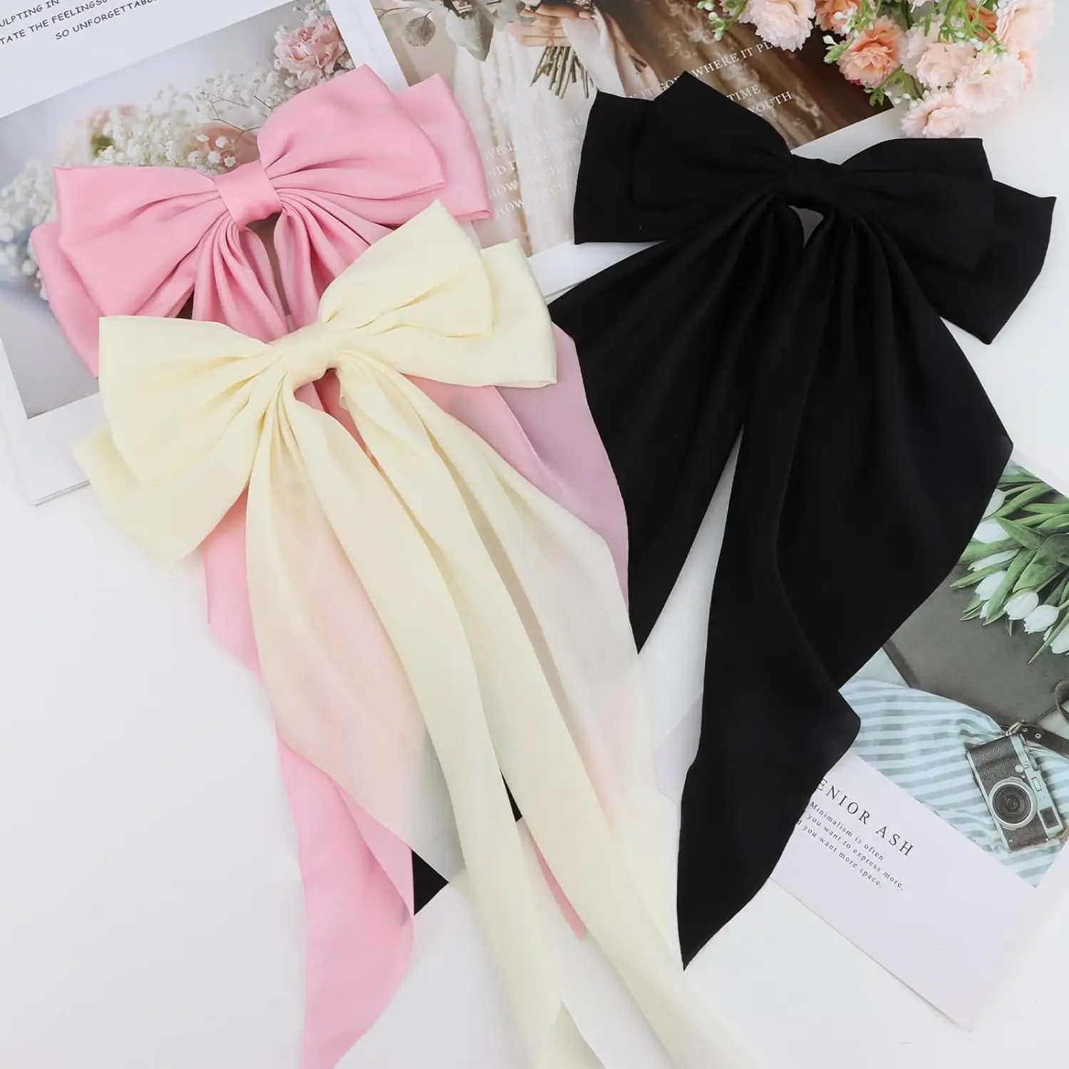 3Pcs Large Elegant Ribbon Bow Hair Clip for Women Simple Solid Color Satin Ponytail Bowknot Hairpins Barrettes Hair Accessories