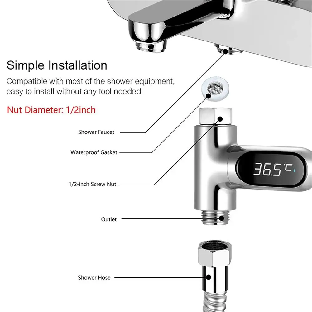 LED Display Water Shower Thermometer 0~100℃ Self-powered Water Thermometer Monitoring Baby Care Energy Smart Meter 360° Rotation