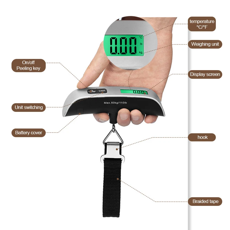 50kg Portable Luggage Scale LCD Digital Electronic Scale Weight Balance Suitcase Travel Bag Hanging Steelyard Hook Fishing Scale