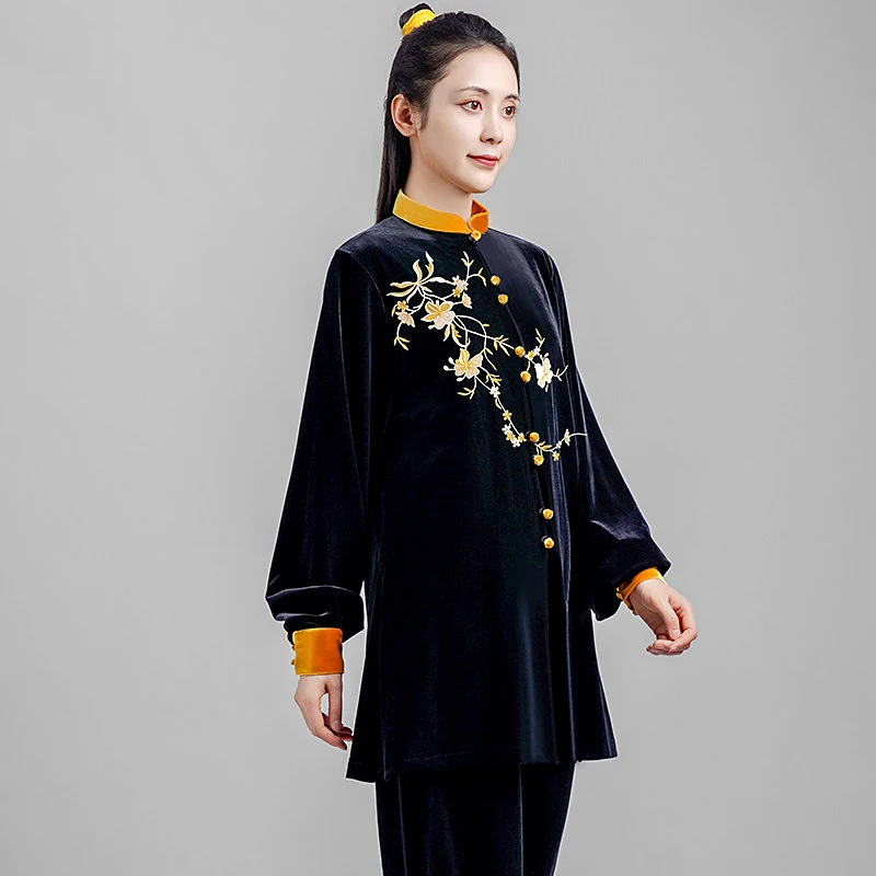 Autumn Winter Tai Chi Set - Chinese Style Youthful Design, Unisex Black Soft Fleece for Martial Arts Group Performance, Original