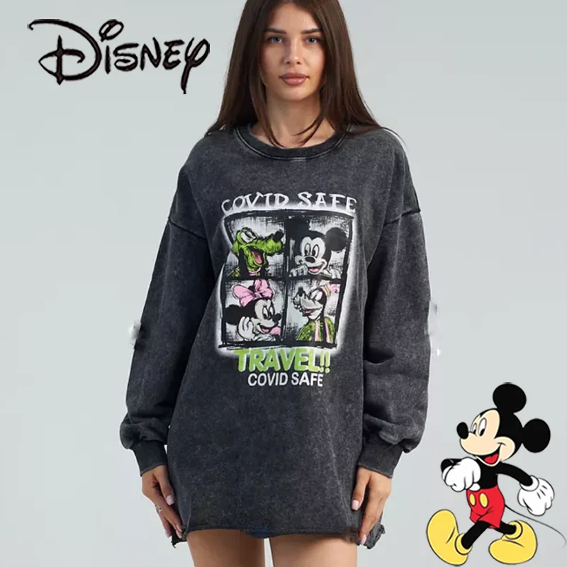 Disney Mickey Minnie Vintage Washed Sweatshirts Cartoon Cotton Fashion Man Woman Streetwear Hip Hop Crew Neck Printed Tops Gifts