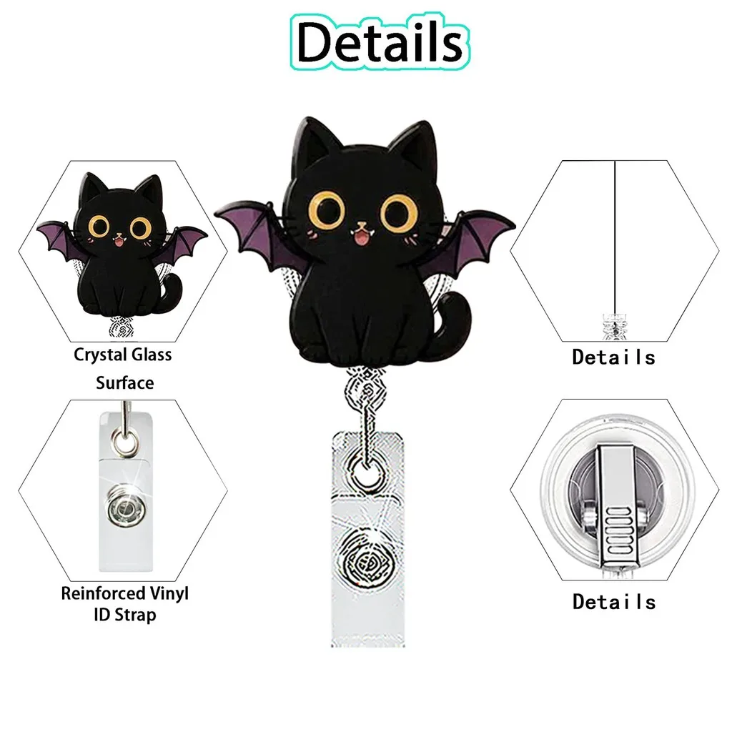 Cute Black Cat Acrylic Retractable Badge Reel Spooky Holiday ID Badge Holder for Nurse Medical Staff Halloween Gifts