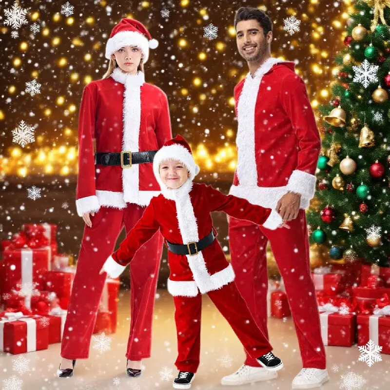 

Костюм Санта-Клауса унисекс для взрослых и детей, наряд для рождественской вечеринки, красный плюшевый костюм, сценическое платье, праздничная ролевая игра