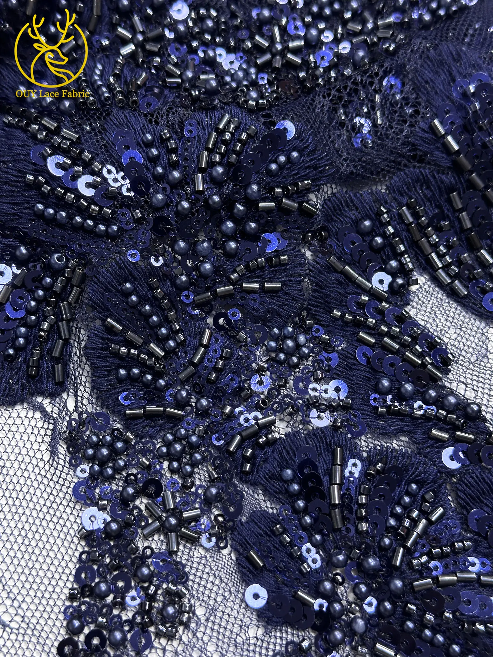 2026 Afrikanischer Bräutigam Bestickter Spitzenstoff Hochwertige Französische Pailletten-Spitze 5 Yards Marineblau Perlenbesetzter Spitzenstoff für Party-Hochzeitskleider – Detail 27