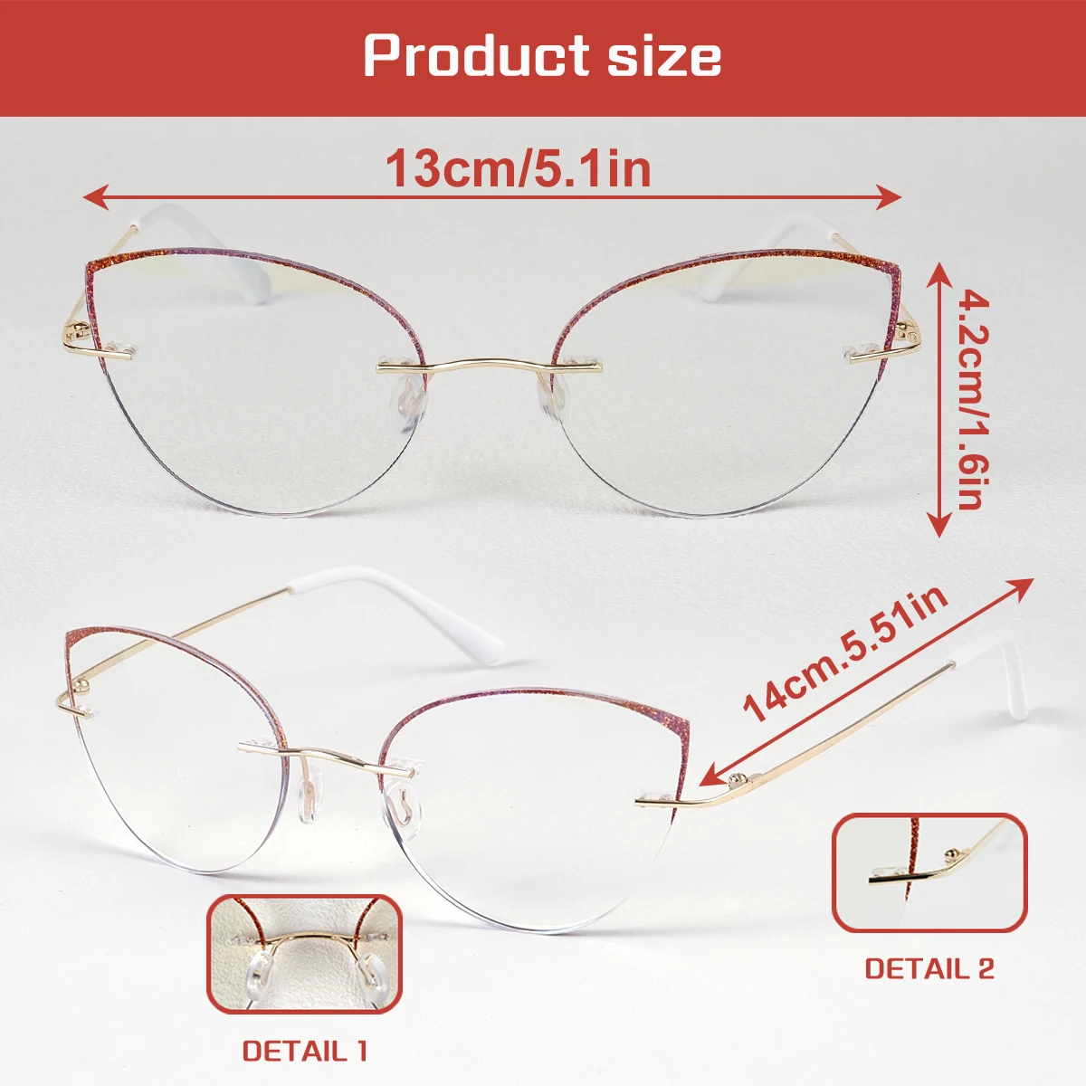 Damen-Katzenaugen-Lesebrille ohne Rahmen, Presbyopie-Brille, klare Sicht, Blaulichtfilter, leicht und stilvoll. – Detail 4