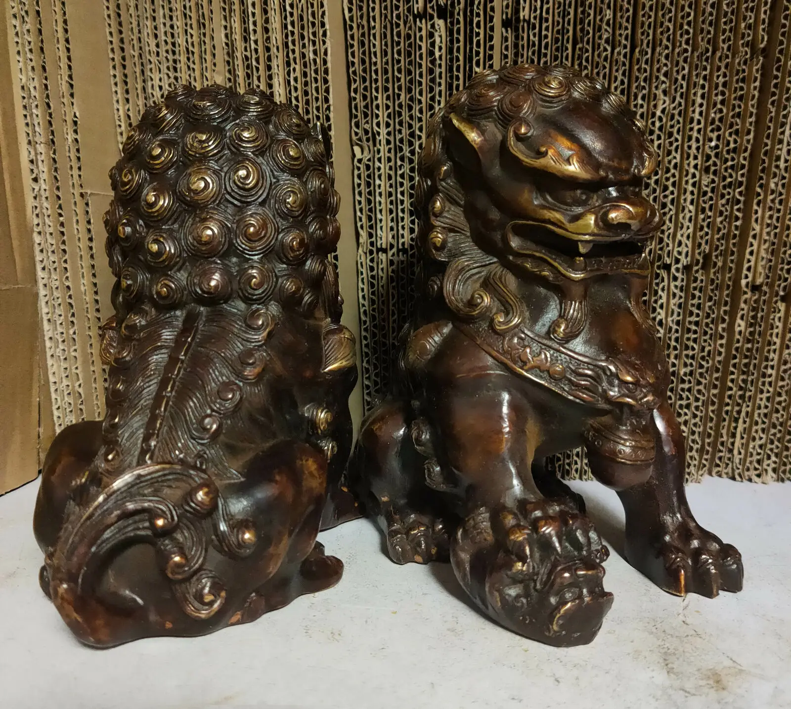 Imagem -04 - Vintage Antigo Bronze Leões Porta Fengshui Guardion fu Foo Cães Leão Estátua Par