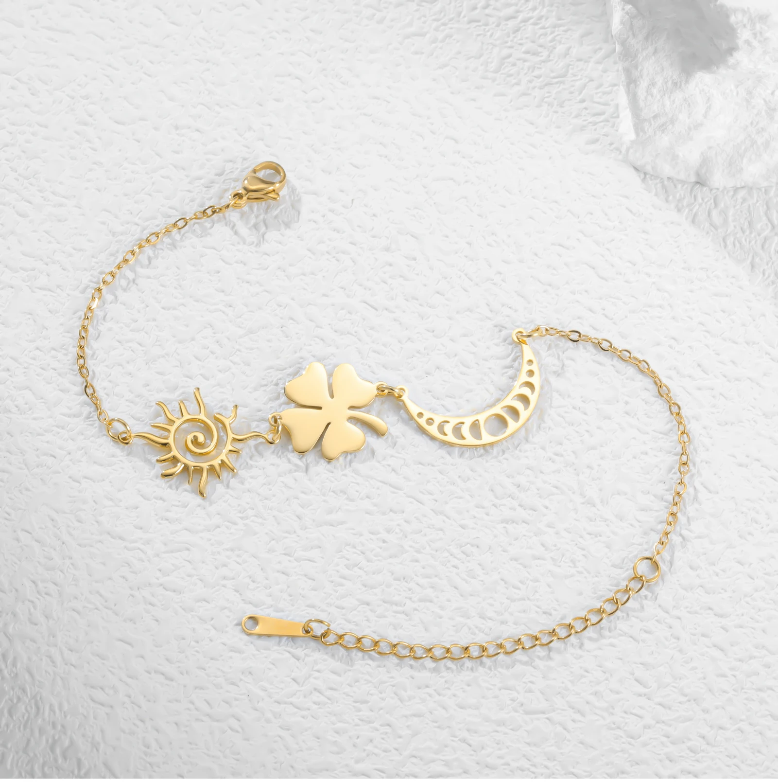 CoolTime Zierliches Sonne & Mond Vierblättriges Kleeblatt Damenarmband aus Edelstahl Glücksbringer Täglicher Schmuck für Frauen Geschenk – Detail 12
