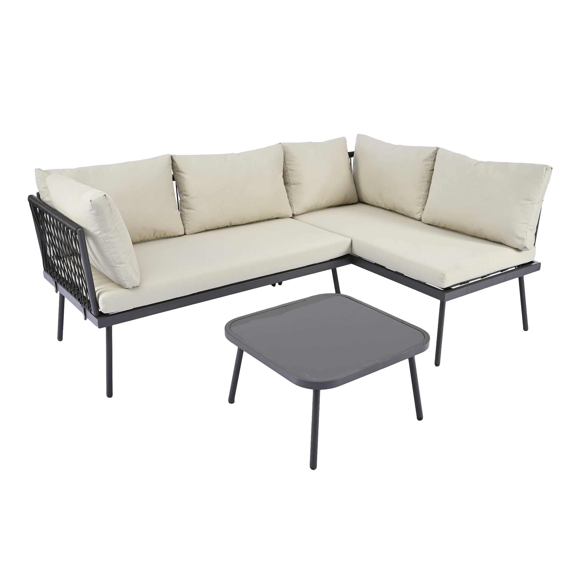 Modern Outdoor 3-Piece PE Rattan Sofa Set All Weather Patio Metal Sectional Furniture Set with Cushions and Glass Table for Back