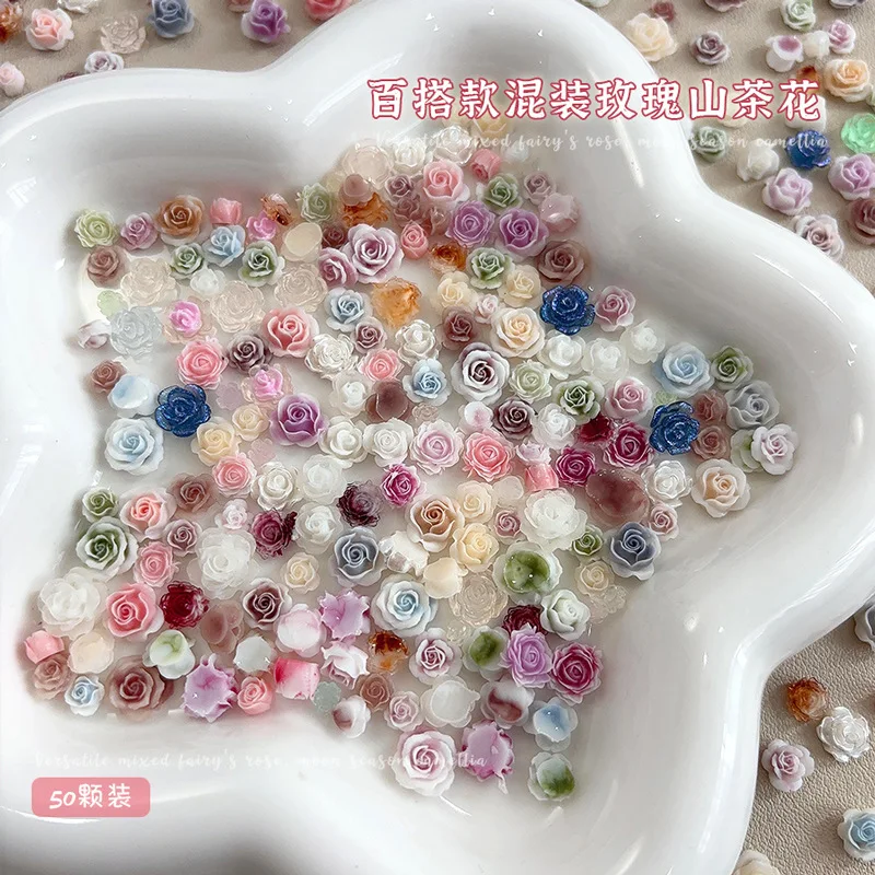 50PCS Pretty Gradient  Dyeing Colorful 3D Rose Camellia Flowers Resin Nail Art Rhinestones Decorations Manicure Beautiful Charms