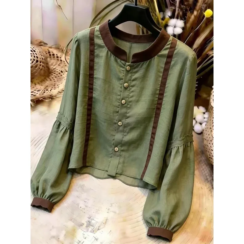 Women Color Block Lantern Long Sleeve Shirt Stand Collar Button Down Casual Blouse