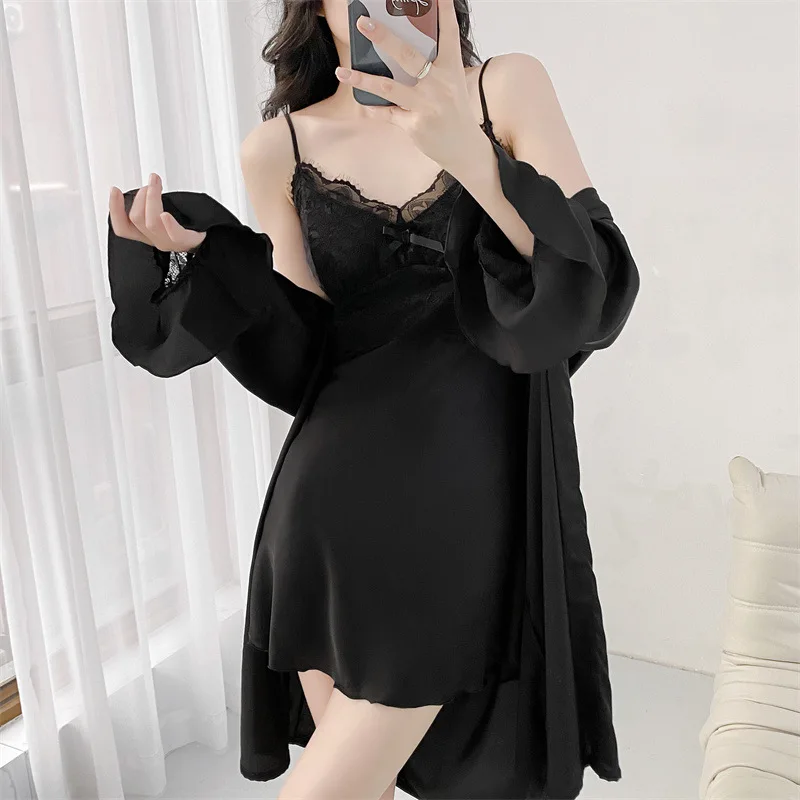 Suspender Nightdress Bathrobe Nighty&Robe Set Sexy Lace Satin Homewear Women Intimate Lingerie Nightwear Spring Summer Sleepwear