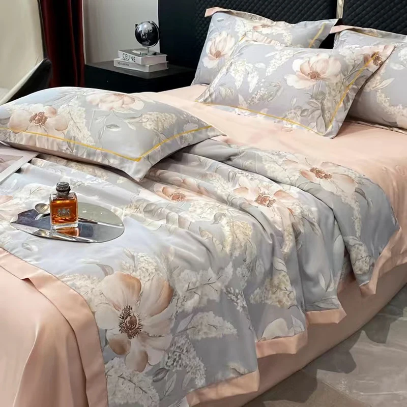 Nordic Style Summer Quilt Silk Bedding Set Water Wash Silk Air Conditioning Summer Bedding Bed Sheets Pillowcases Four Piece Set