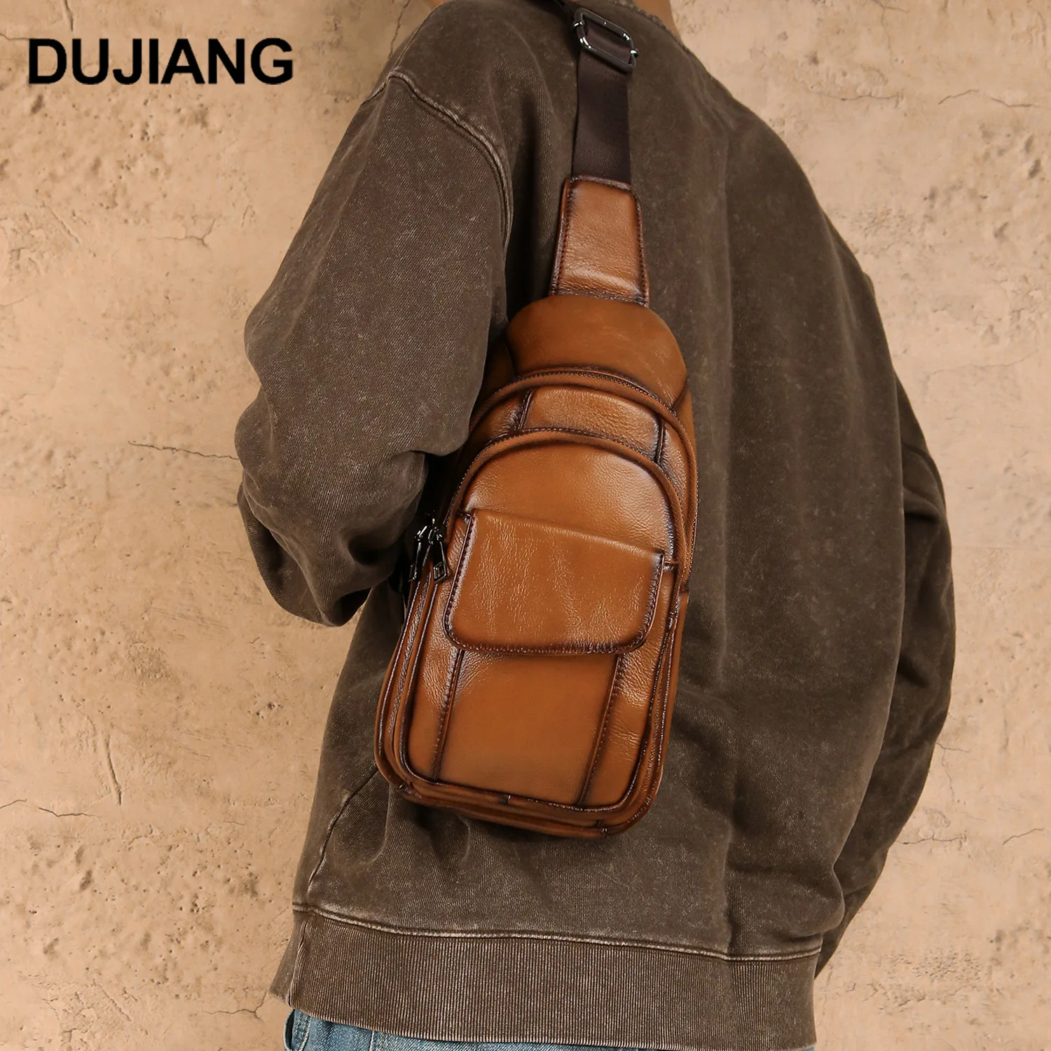 حقيبة صدر متعددة الجيوب من الجلد الطبيعي، حقيبة ظهر بكتف واحد للرجال متعددة الوظائف، حقيبة كروس راقية للركاب #3