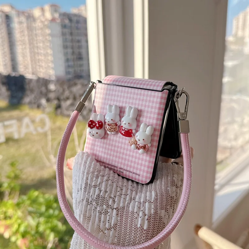 

Kawaii Cartoon 3D Rabbit Plaid Pattern Phone Case For Samsung Galaxy Z Flip 7 6 5 ZFlip6 ZFlip7 Cover with Hand Rope Strap Cute