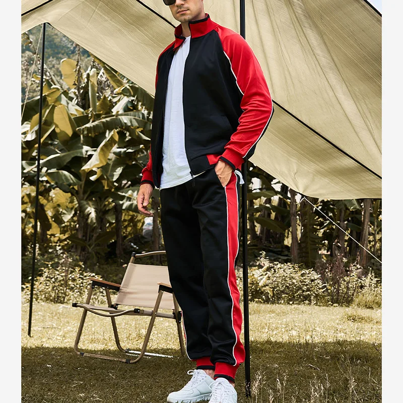 Spring Autumn Male Loose Casual Spliced Zipper Sweatshirt Elastic Waist Sweatpants Two Pieces Set Men Cardigan Top Fashion Pants