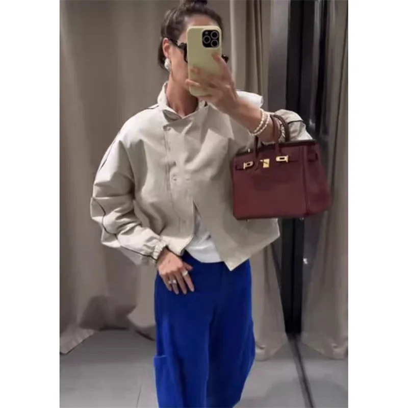 Guobioziy Women's Top 2026 Spring and Autumn New Casual Versatile Loose Solid Color Stand Collar Trim Pilot Jacket