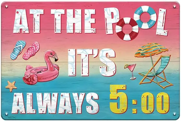 Funny Warning Flamingo Pool Sign-At the Pool It's Always 5'O Clock,Outdoor Pool Decor Pool Rules Signs,Summer Decor for  sign