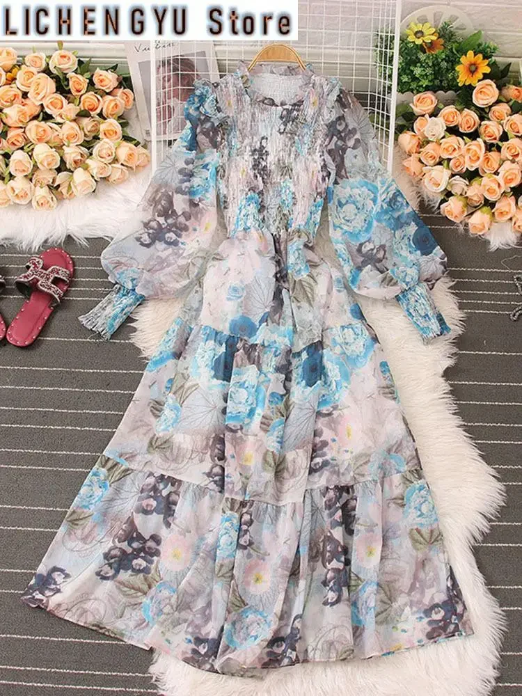 Sweet Style Y2K Women Nice Foreve Dress Chiffon A-line Flower Print Contrast Color Dresses Spring Summer New