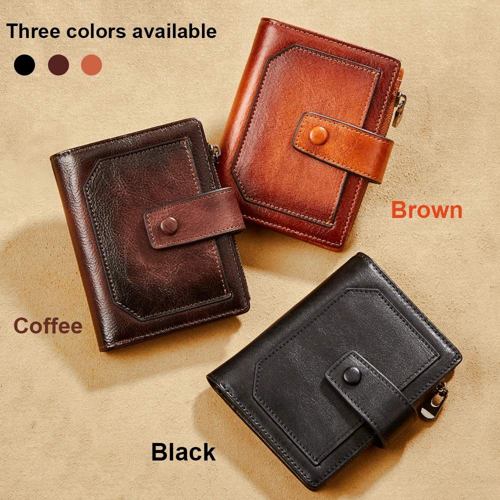 Vintage Men Genuine Leather Wallet RFID Blocking Trifold Short Multi Function Money clip Large Capacity Zipper Coin Purse