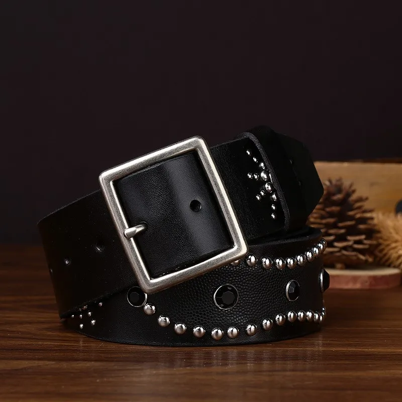 Widened top layer leather punk belt men's gem-encrusted work