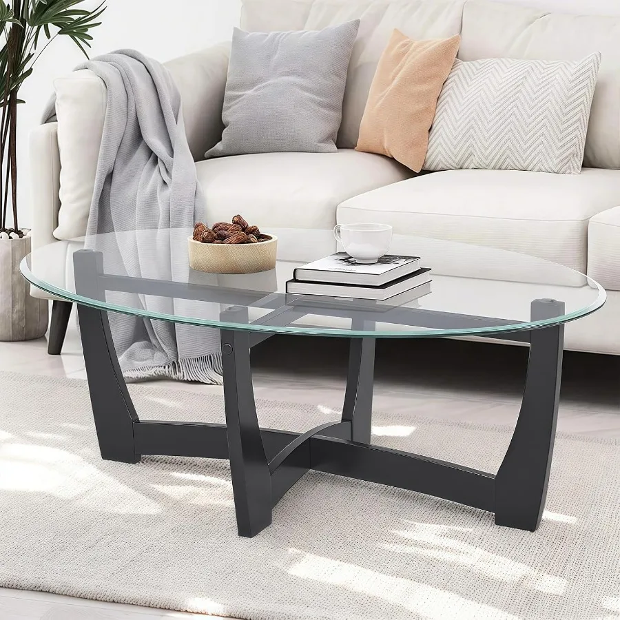 

48 Овальный стеклянный журнальный столикНебольшие журнальные столики со столешницей из закаленного прозрачного стекла и перекрещенным основанием из массива дерева, современный центр