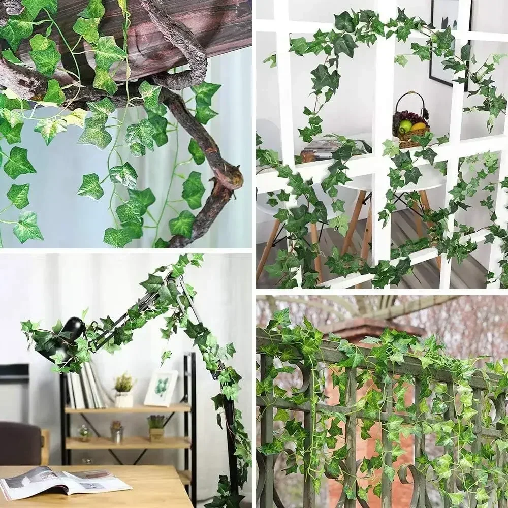 12/2M Artificial Plant Green Ivy Leaf Garland Silk Wall Hanging Vine Home Garden Decoration Wedding Party DIY Fake Wreath Leaves