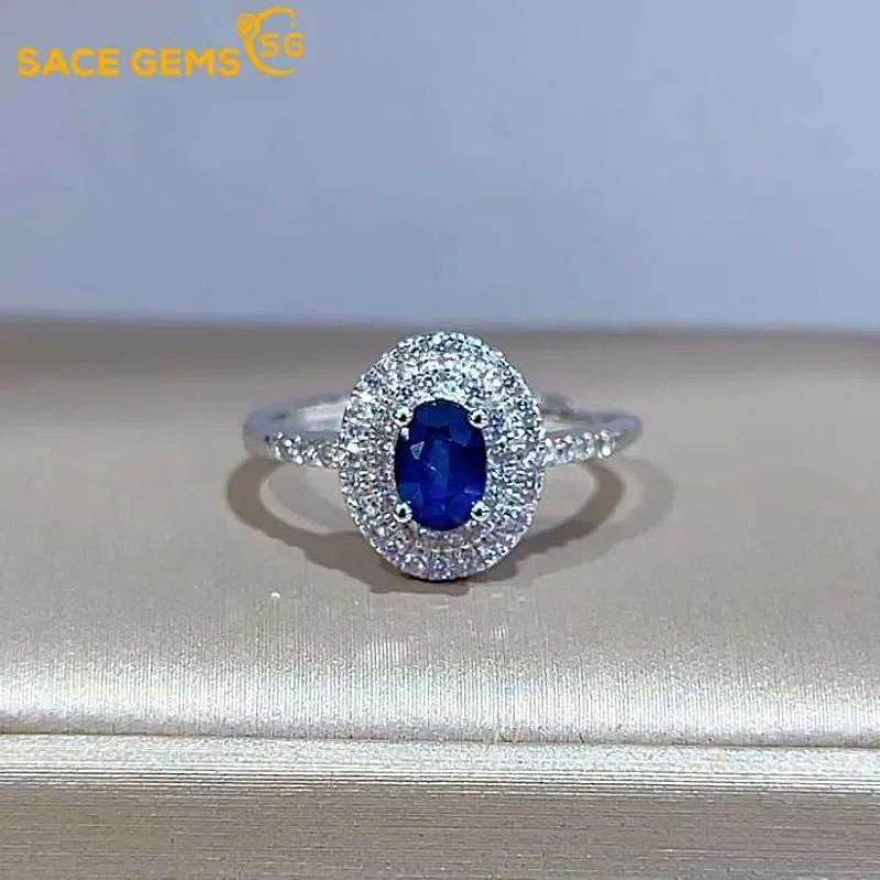 

SACE GEMS New 925 Sterling Silver Certified 4*6MM Natual Sapphire Rings for Women Engagement Cocktail Party Fine Jewelry Gift