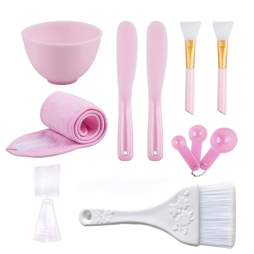 9-Piece Pink Facial Mask Tool Set, Including a Headband and Large Mask Brush, Suitable for Mud Masks, Cream Masks, and DIY Skincare at Home
