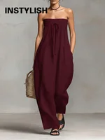 Women Strapless Wide Leg Jumpsuit Casual Cotton Linen Tube Top Romper Summer Beach Long Pants with Pockets Vacation Overalls - Image 3