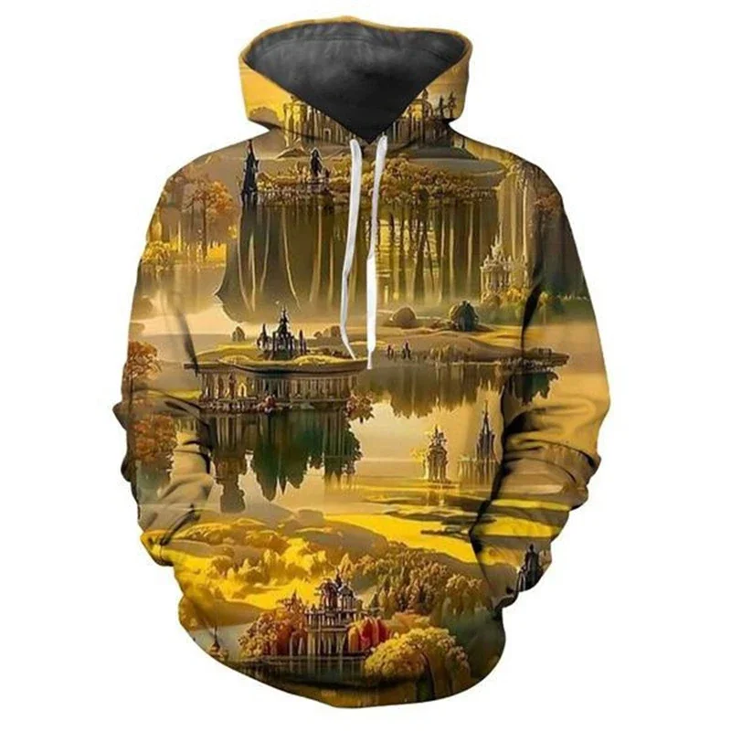 Men's Women's Fantasy Castle Graphic Hoodies 3D Print Beautiful Scenery Pattern Couple Hooded Clothes Autumn Fashion Casual Tops