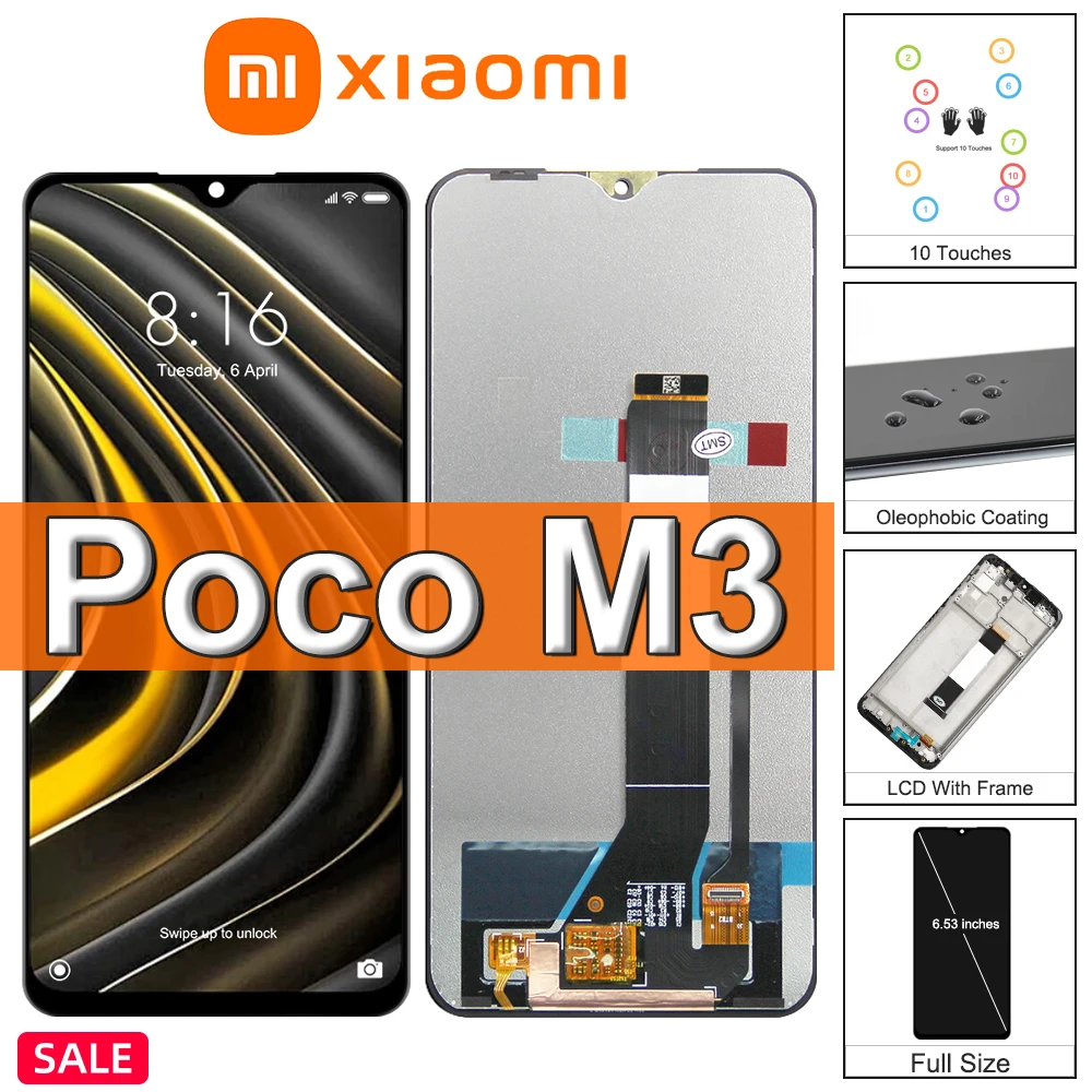 

6.53" Original Screen For Xiaomi Poco M3 LCD Display Touch Screen Panel With Frame Digitizer For Pocophone M3 M2010J19CG Replace