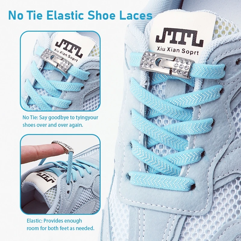 2Pairs Bling Diamond Cross Lock Laces Charms - Elastic No Tie Shoe Laces - 8MM Width Rubber Bands Metal Buckle Shoes Accessories